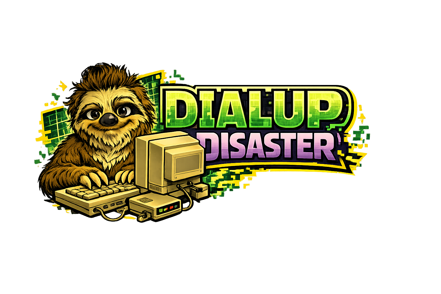 Dialup Disaster banner with sloth mascot on retro computer